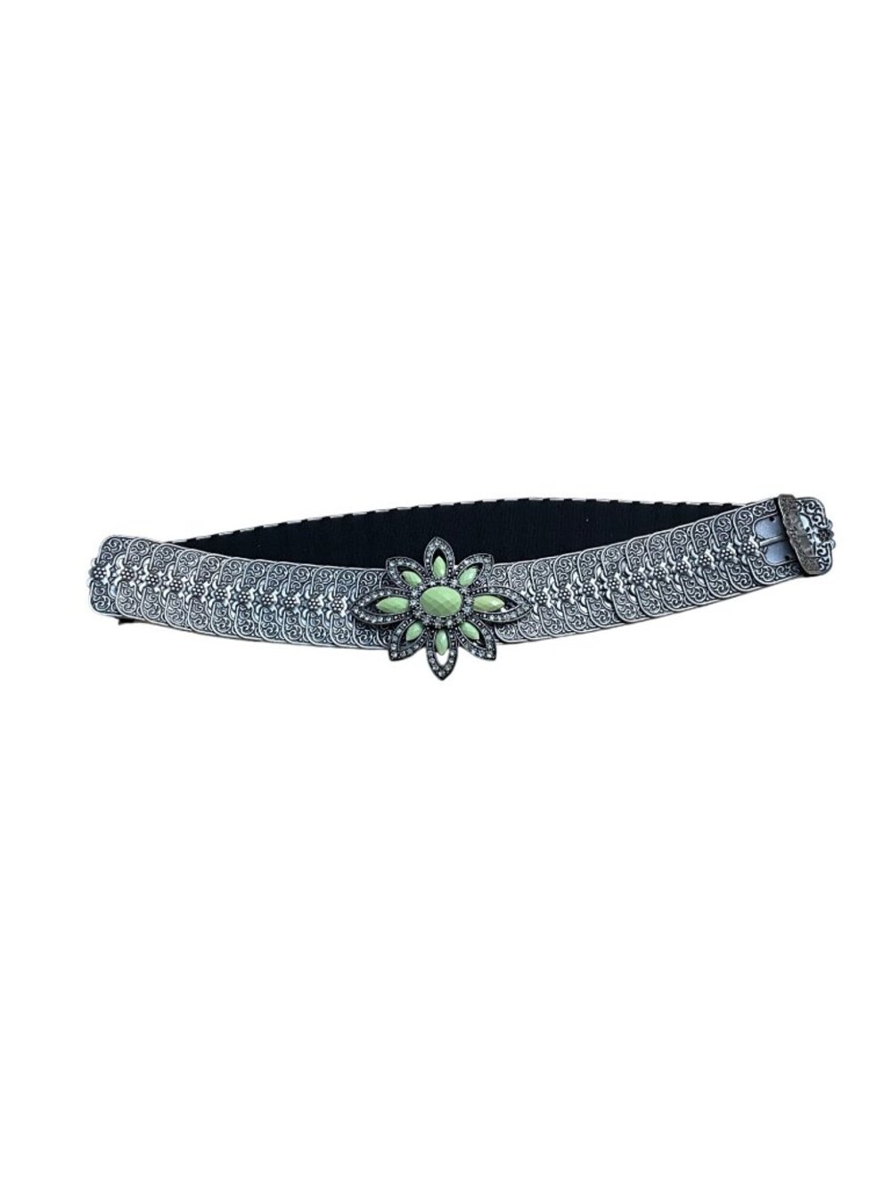 Vintage Womens Silver-Tone & Black Elastic Belt With Green Jewel Flower Buckle